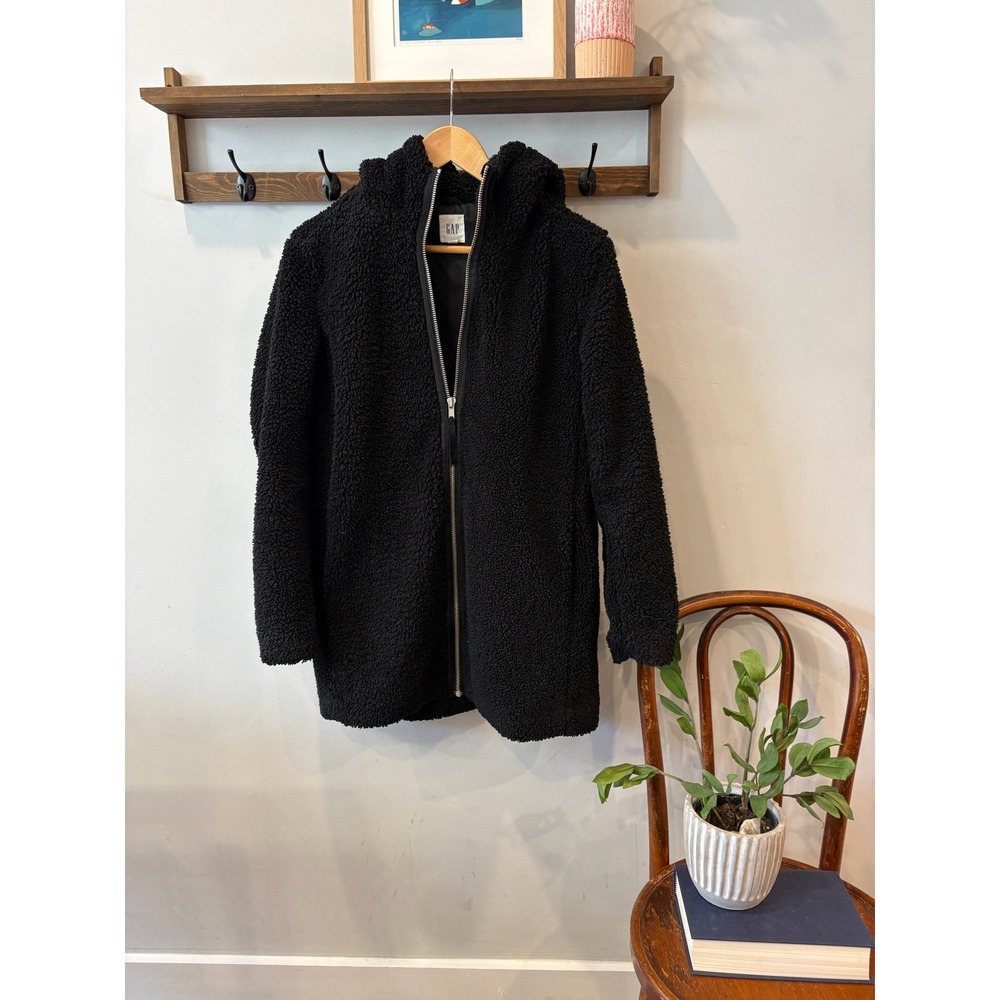 Gap Womens Black Sherpa Fleece Hooded Zip Up Jacket Coat Small